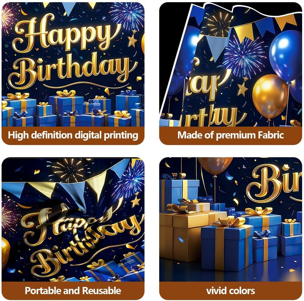 Blue Gold Happy Birthday Backdrop Banner Gift Boxes Photography Background for Men Women Birthday Party Decorations Photo Booth
