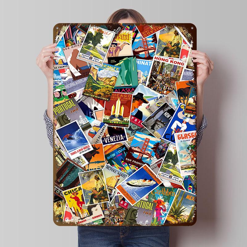 Travel Collage Metal Poster Custom Wall Art Retro Vintage Tinplate Signs for Man Cave Modern Home Decoration Luxury Desk Decor