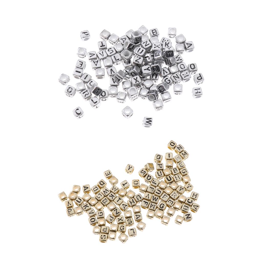100x Assorted Metallic Acrylic Alphabets Letter Cube Beads Pony Beads Silver
