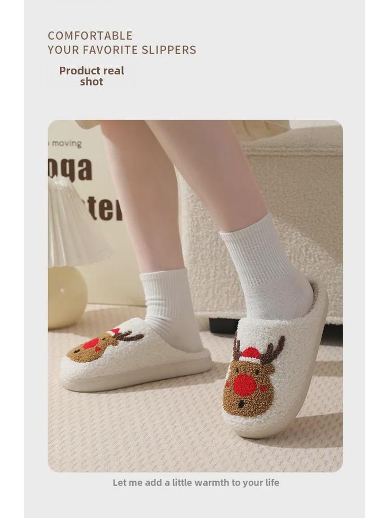 Женские рождественские хлопковые тапочки с лосем - Домашняя теплая зимняя обувь