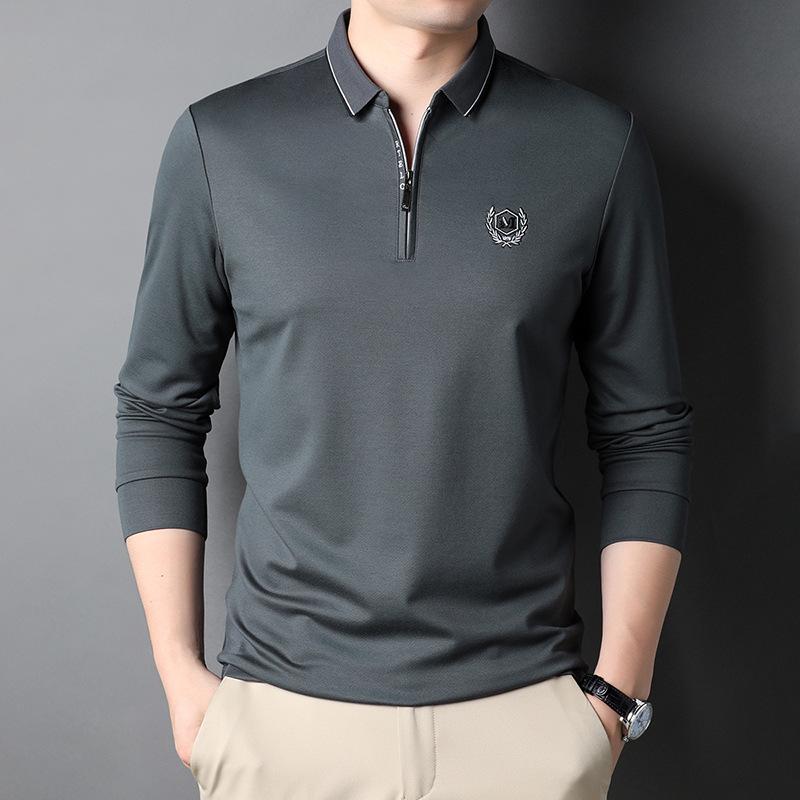 Однотонная футболка с длинными рукавами для мужчин, новая весенняя модная повседневная рубашка-поло с вышитыми лацканами, облегающий топ