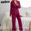 Пижама Женская Осень и Зима Красный Халат с Длинным Рукавом Брюки Домашняя Одежда из Двух Предметов