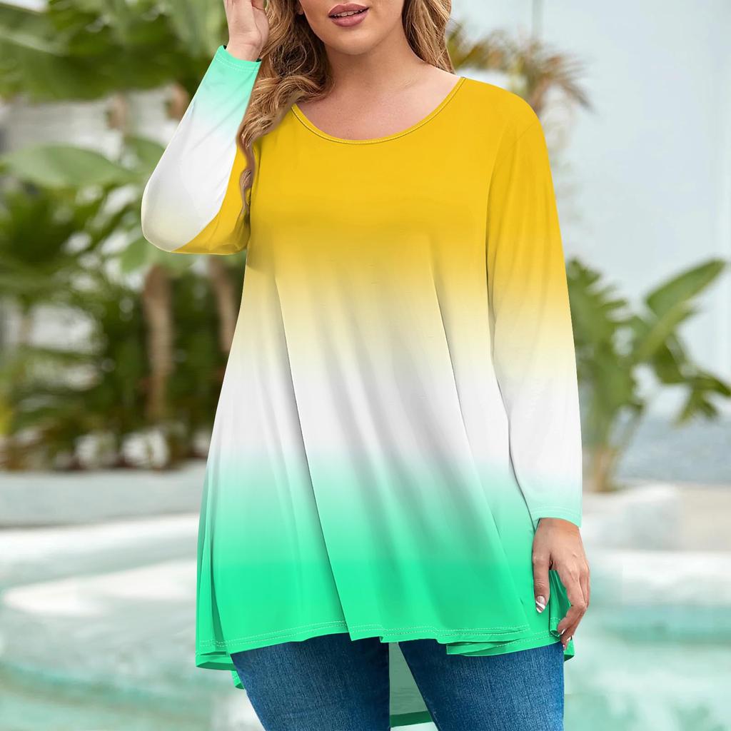 Women's Fashion Large Size Round Neck Long Sleeve Casual Print Loose Pullover Top