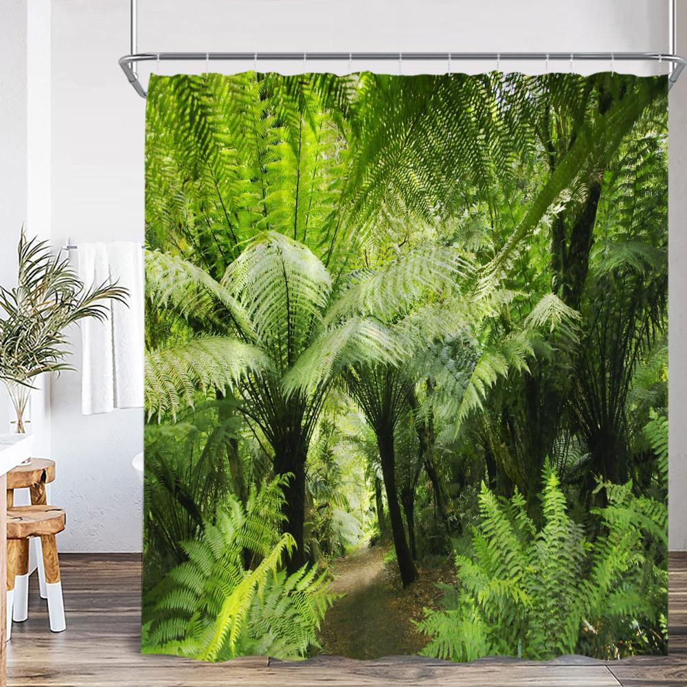 Natural Landscape Waterfall Forest Shower Curtain Scenery Green Leaves Plants Bathroom Decor Polyester Bath Curtain for Home
