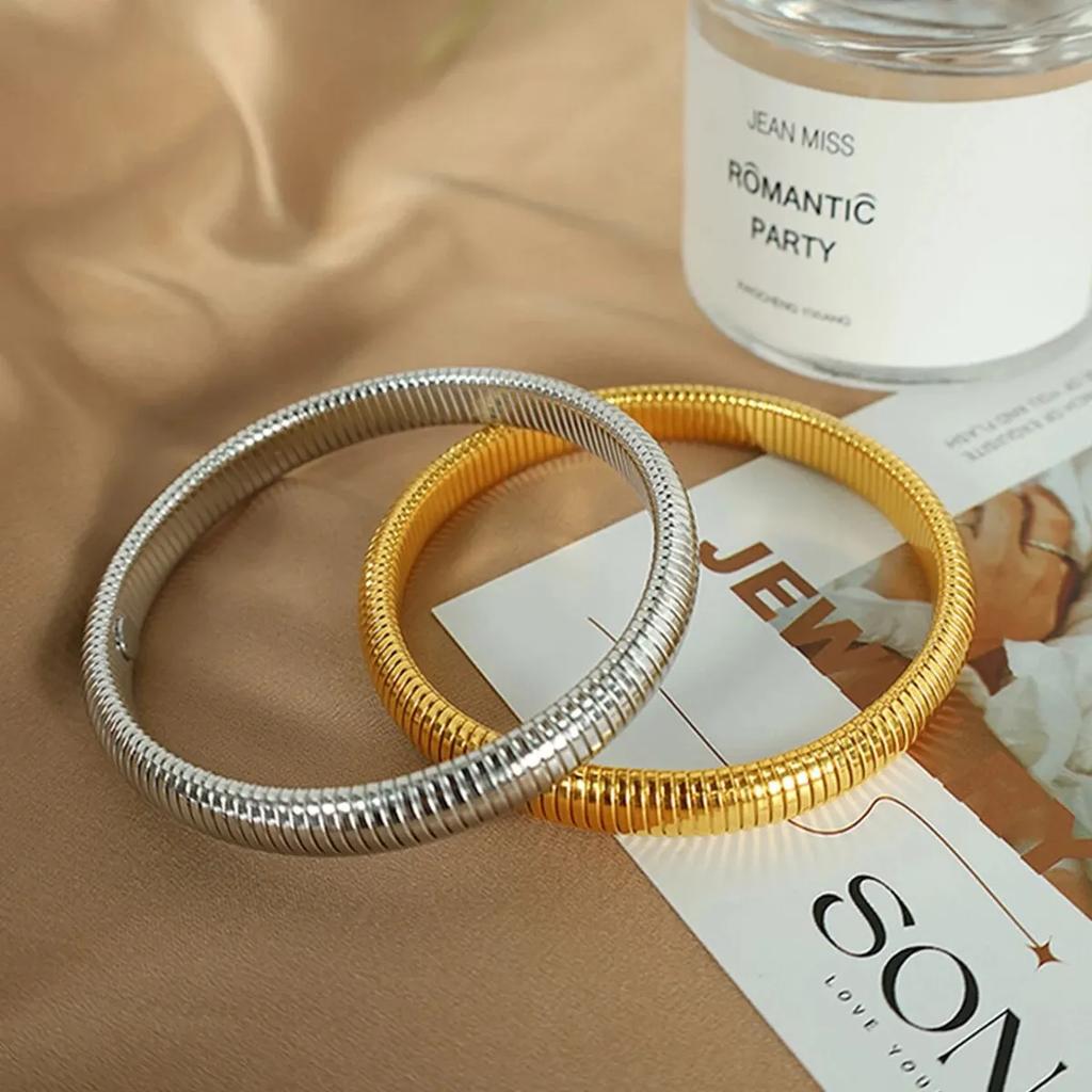 Waterproof Stainless Steel Retro Elasticity Thick Metal Polish Bracelet  Gold Plated Trend Fashion Unisex Jewelry Men Women