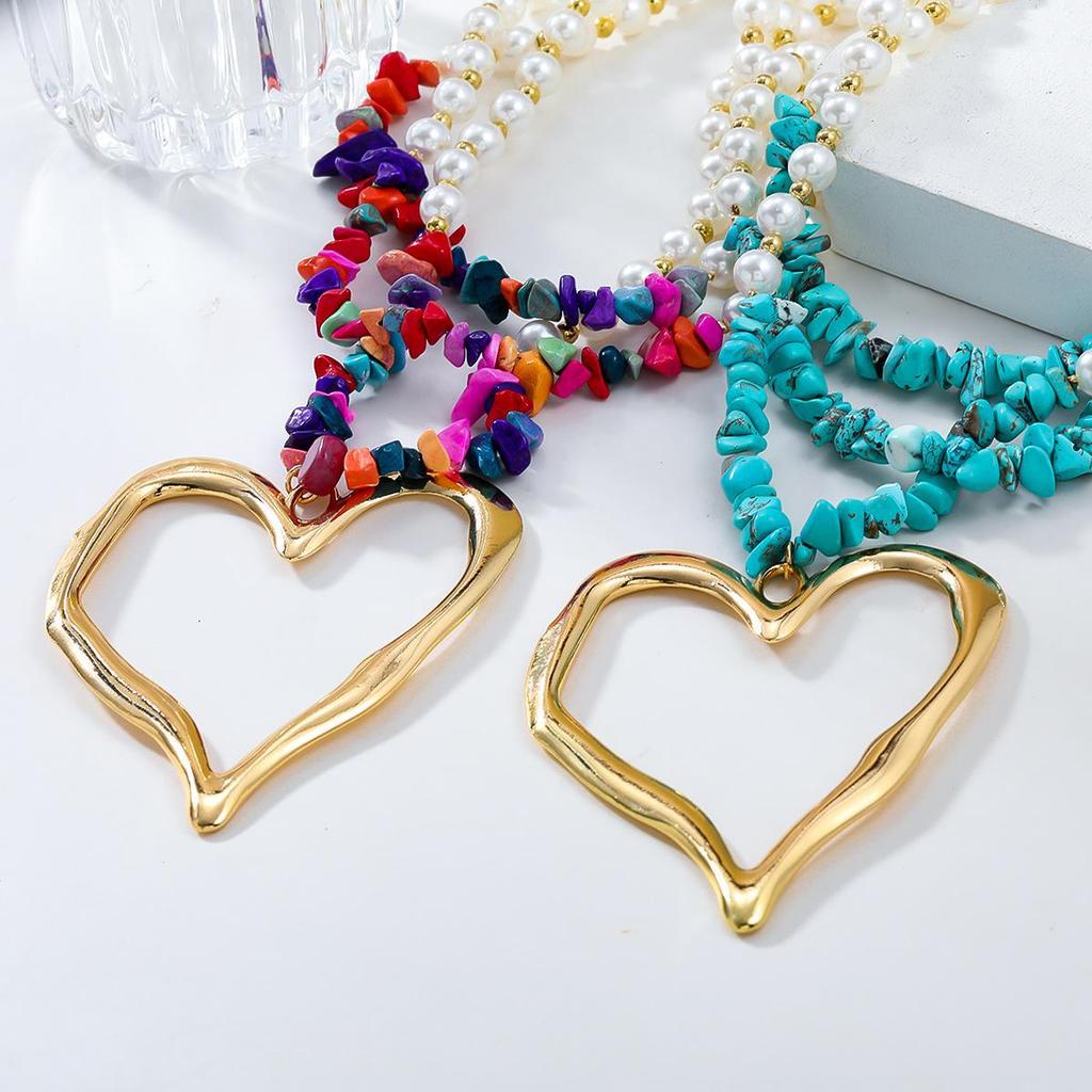 Крупное ожерелье в стиле бохо с имитацией жемчуга и бирюзы в форме сердца
