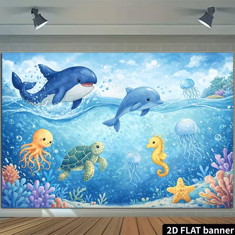 2D Задний план с морскими животными Дельфин Кит Черепаха Осьминог Фон для фотосъемки
