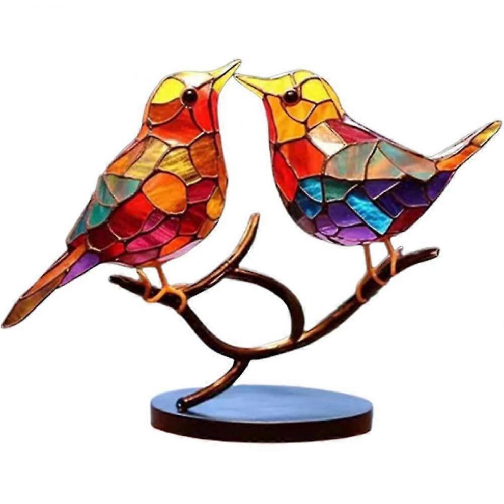 Buntglas-Tischdekoration „Vögel auf Ast“, doppelseitig, mehrfarbig, Vogel-Serie, Heimdekoration