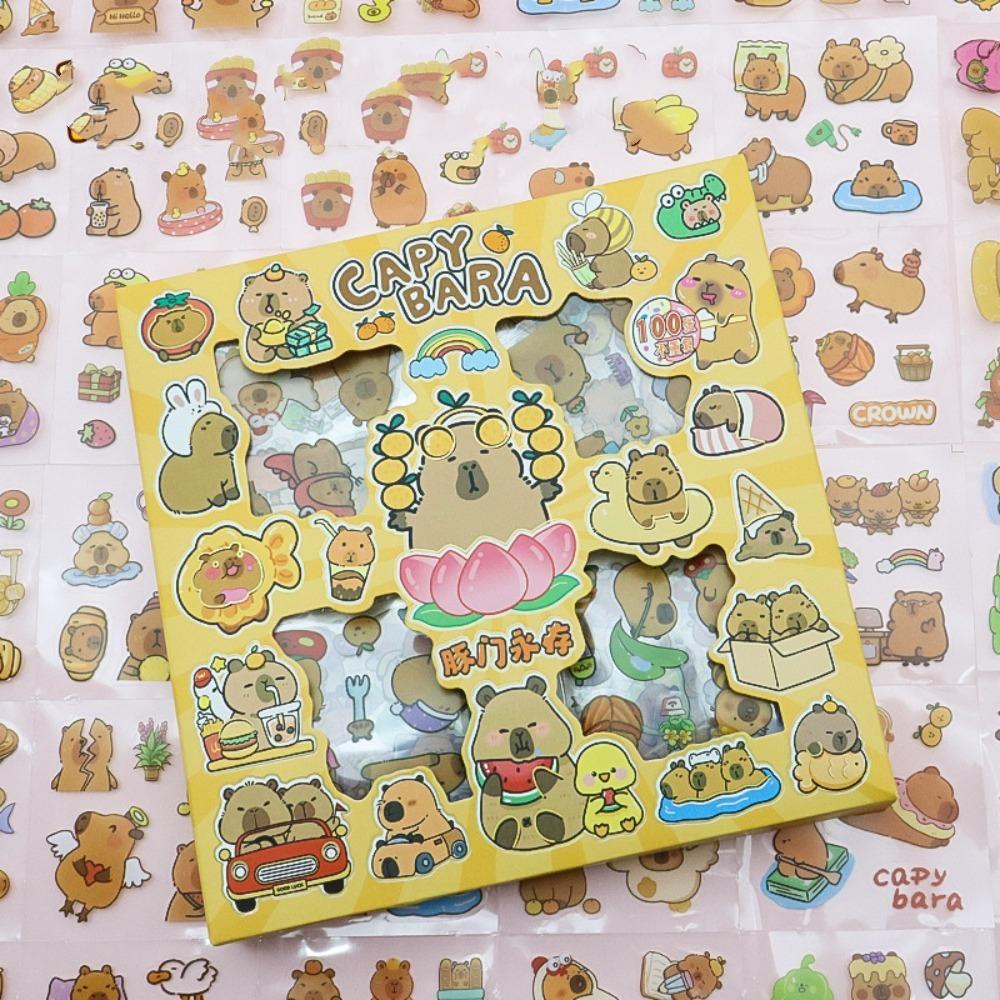 100PCS DIY Children Sticker Cartoon Capybara Hand Ledger Sticker Cute Water Cup Decal Birthday Gift