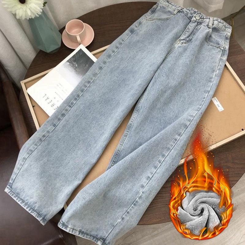 Джинсы корейского образца с высокой талией и бархатной подкладкой, широкие, для девочек — теплые, утягивающие, длиной до пола