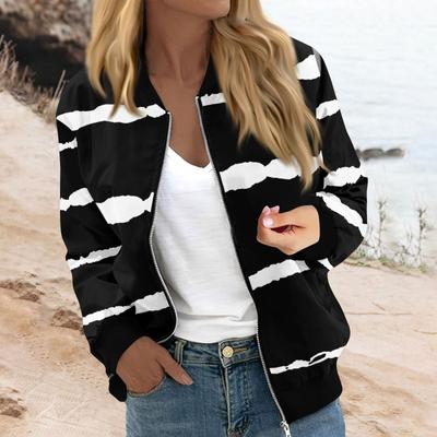 Женская модная повседневная полосатая куртка с принтом в стиле пэчворк на молнии с карманами