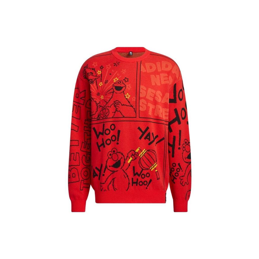 Adidas Нео Улица Сезам Сотрудничество Алфавит Жаккардовый свободный свитер с круглым вырезом Свитер унисекс Красный HD7293