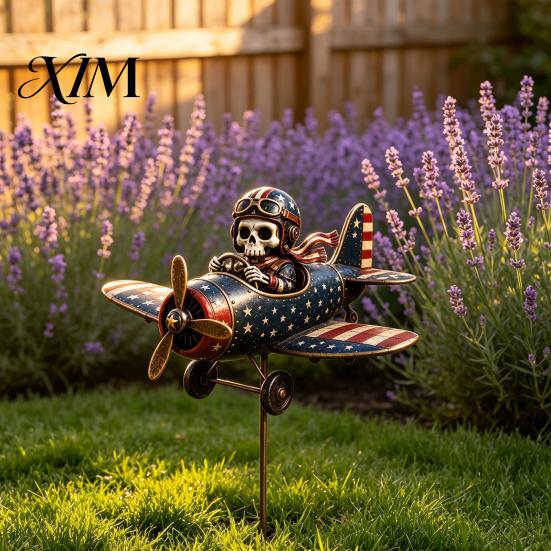 Hand Painted Outdoor Sculpture Metal Skeleton Pilot Airplane Wind Spinner with Ground Stake, Vintage American Flag Garden Yard Art for Rustic