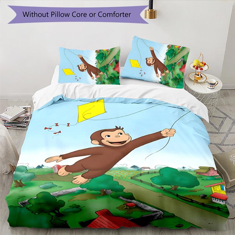 Curious George 3pcs Bedding Set Duvet Cover Closure Includes 1 Duvet Cover & 2 Pillowcases for All Seasons Bedroom Home Dorm Decor