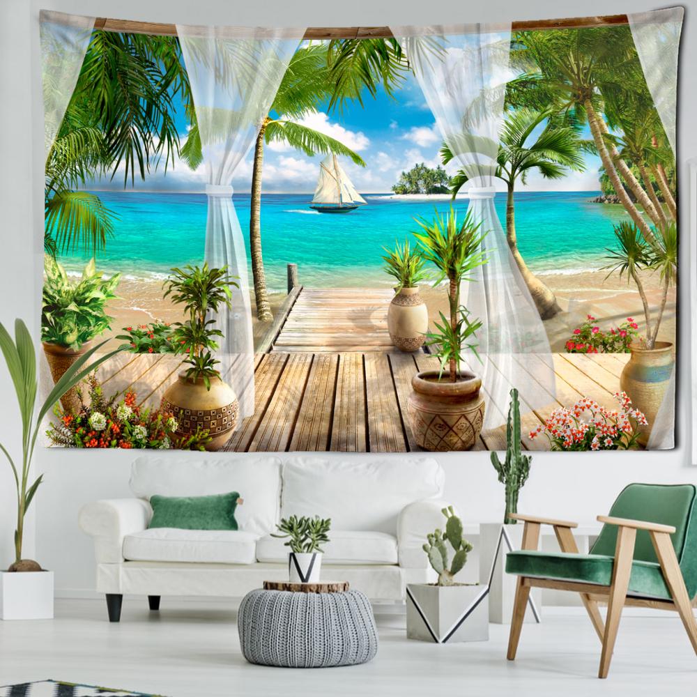 Парусник приморский пейзаж гобелен настенный природный пейзаж эстетика комнаты Декор в гостиную фоновая ткань