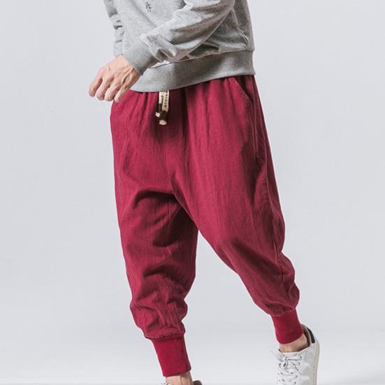 Хлопковые и льняные эластичные большие мужские повседневные брюки в китайском стиле