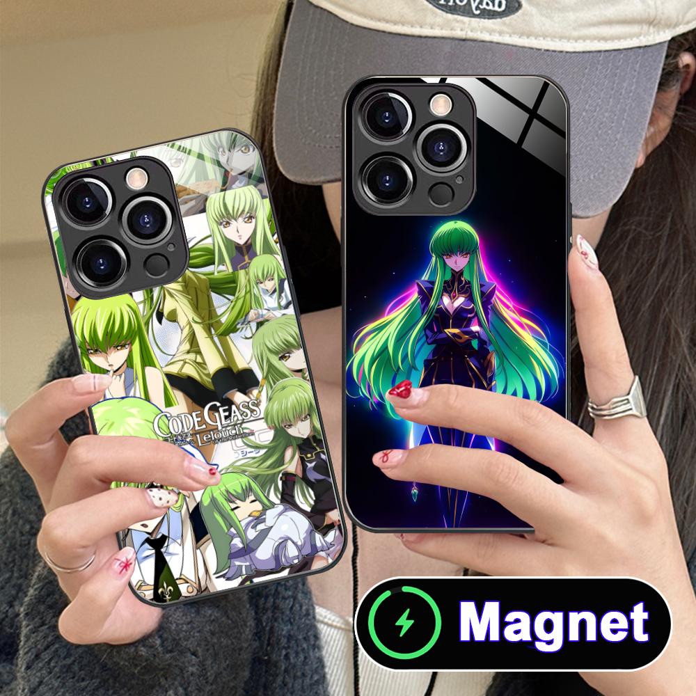 Аниме Неон C.C Чехол для телефона для iPhone 17 16 15 14 13 12 11 Air Pro Max Plus Mini Стеклянная MagSafe Крышка