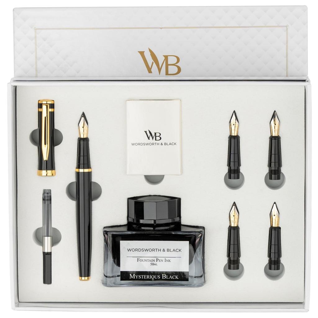 Fountain Pen Gift Set with Ink 6 Ink Ink Refill and 4 Replacement Nibs Premium Packaging Ideal for and Smooth Writing Black Gold Fountain Pen Set