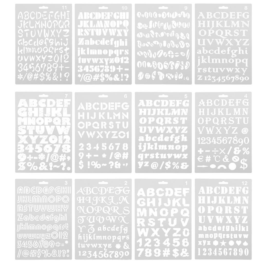12Pcs Washable Reusable Pet Journal Stencils Alphabet Drawing Templates DIY Painting Crafts Hollow Templates for Schedule Books