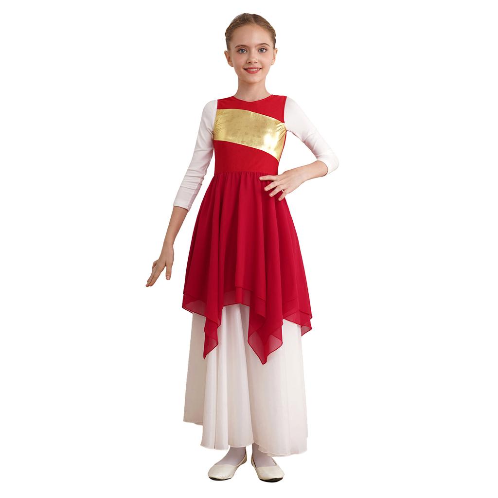 Girls Worship Liturgical Celebration Costume Color Block Sleeveless Asymmetric Hem Lyrical Dance Dress
