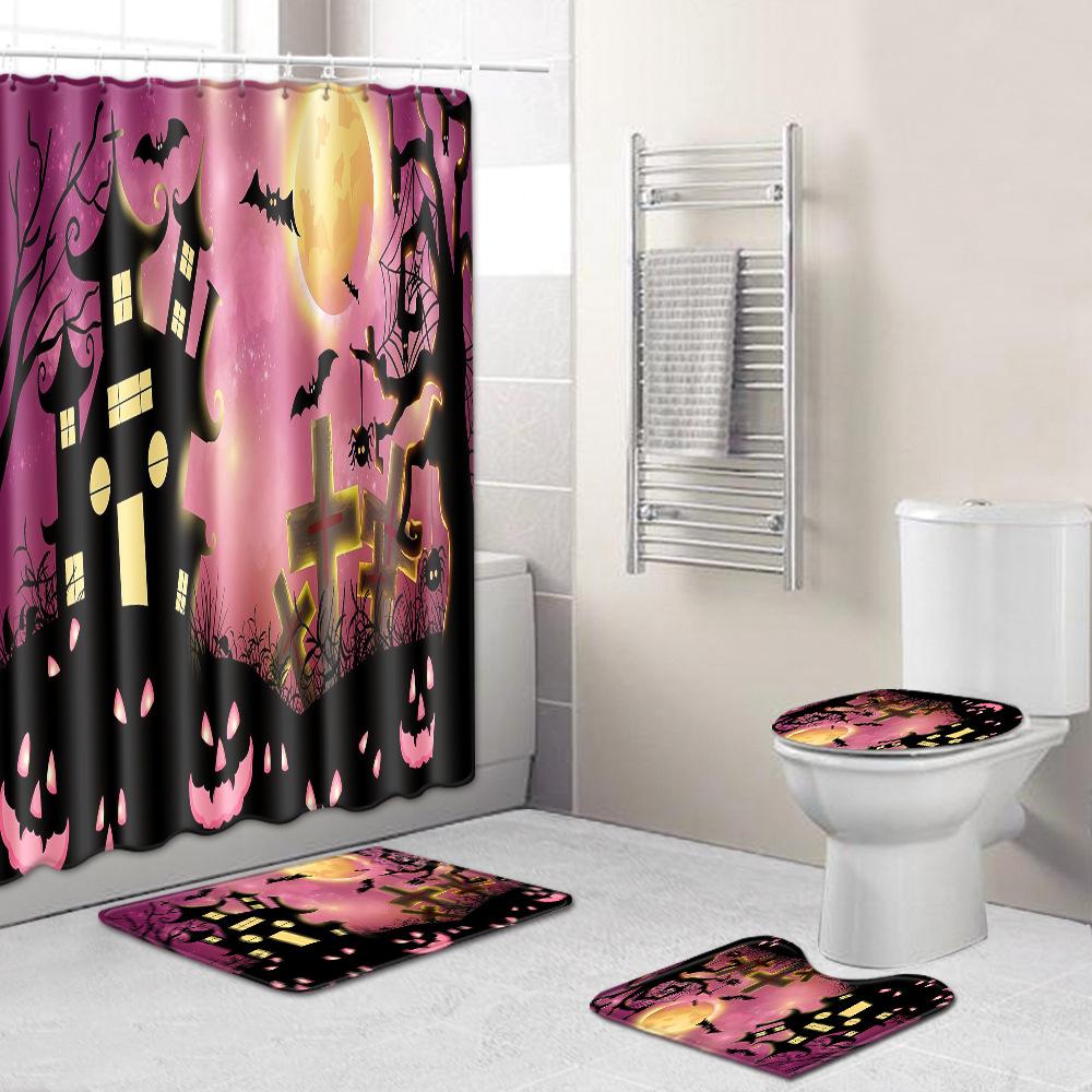 Halloween Shower Curtain Floor Mat Combination Four-Piece Set Bathroom Toilet Carpet Shower Room Foot Mat
