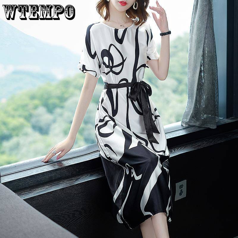 Женское платье с шелковым принтом, имитация темперамента, платья средней длины со свободной талией и шнуровкой