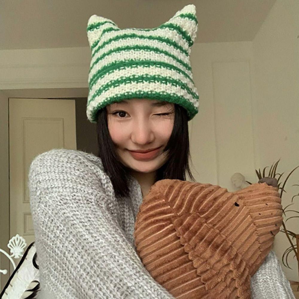 Winter Women's Hats Cute Cat Ears Knitted Wool Cap Japanese Beanie Hat Ins Little Devil Striped