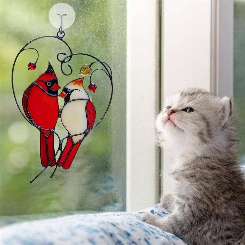 1 Pair Of Red Finch Birds Stained Glass Window Decorations Hanging Suncatchers For Home Window Decorations Car Decorations Gifts