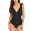 Women Swimwear V-neck Solid Color Ruffled One-Piece Swimsuit