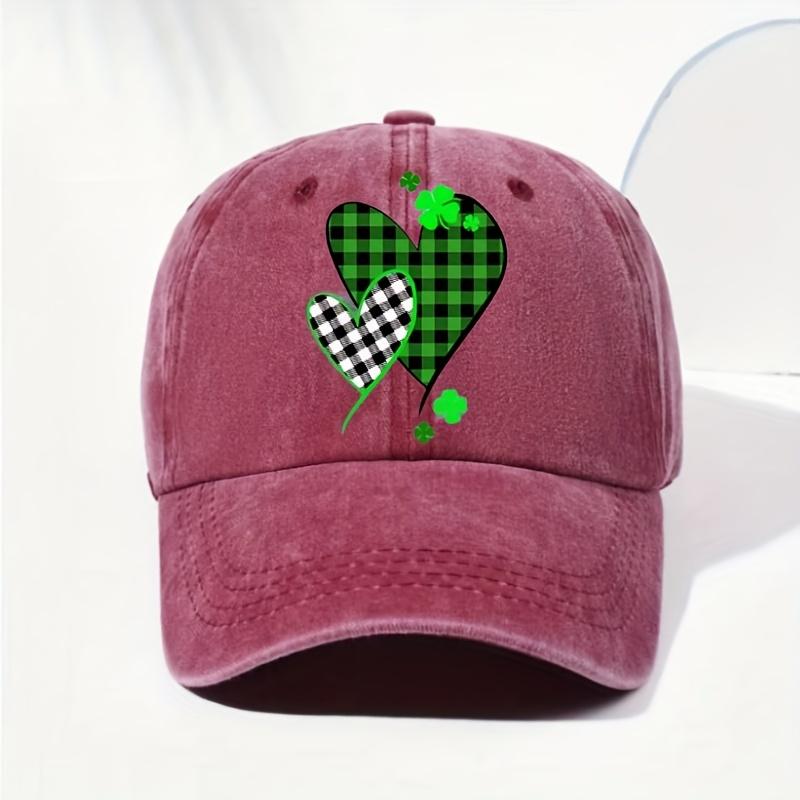 Retro Plaid Heart Clover Print Baseball Cap Unisex Casual Polyester Washed Sunshade Outdoor Adjustable Cap