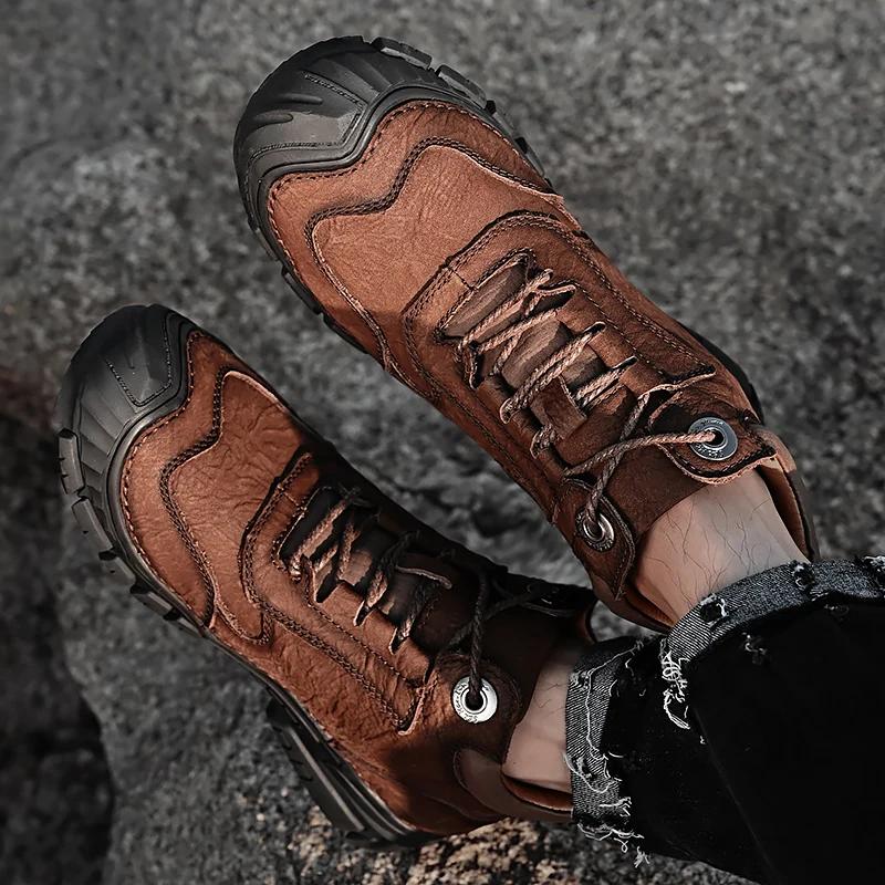 Модные походные мужские ботинки, новые кожаные походные ботинки для мужчин, нескользящие повседневные ботинки в стиле ретро, зимние теплые удобные кожаные мужские ботинки