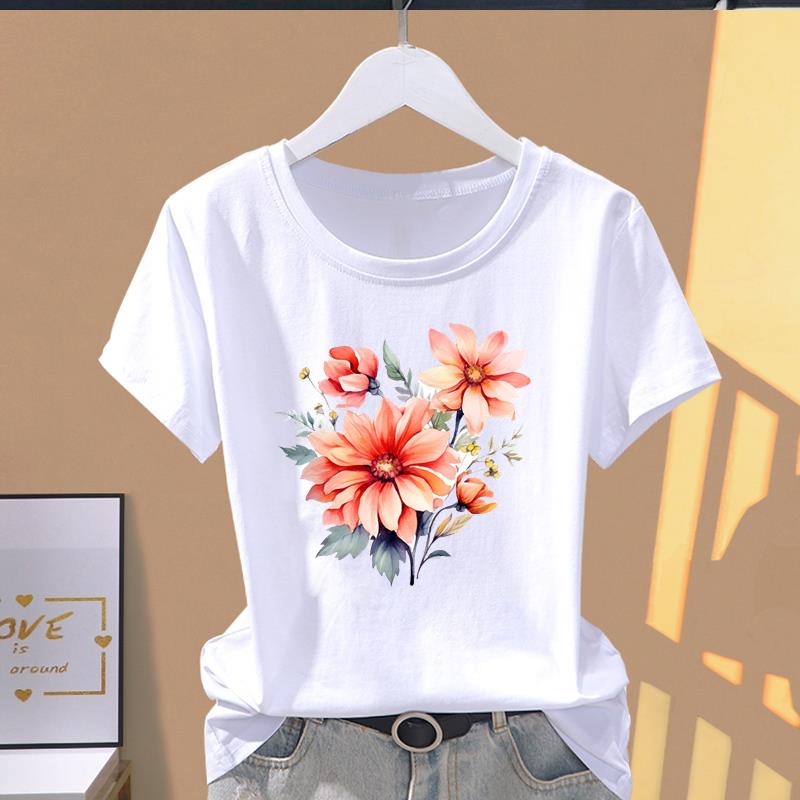 (Asian Size) Graphic Tee Casual T Clothing Sweet Flower Floral Trend Cute Print Female Casual Women's Top Fashion Short Sleeve T-shirt