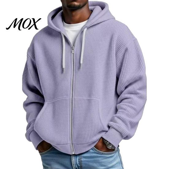 Mens Casual Waffle Jacket Men's Hooded Jacket, Solid Knit Zip Up Hoodie with Adjustable Functional Utility Storage Hood & Pockets, Long Sleeve