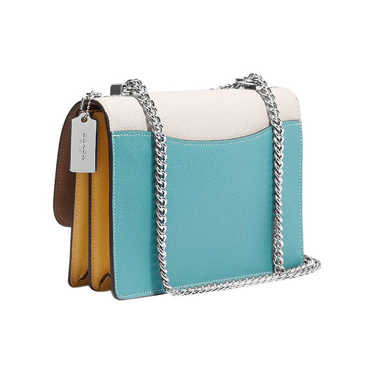 Coach Klare 22 Silver And Gold Letter Logo Plaque Flap Crosshatch Leather Envelope Shoulder Bag Medium Women shoulder bag White Blue CH796-SVCAH