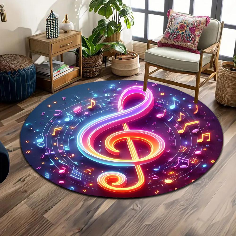Colorful Neon Musical Treble Clef Design Print round rug, living room, bedroom, playroom carpet, non slip floor mat, gift
