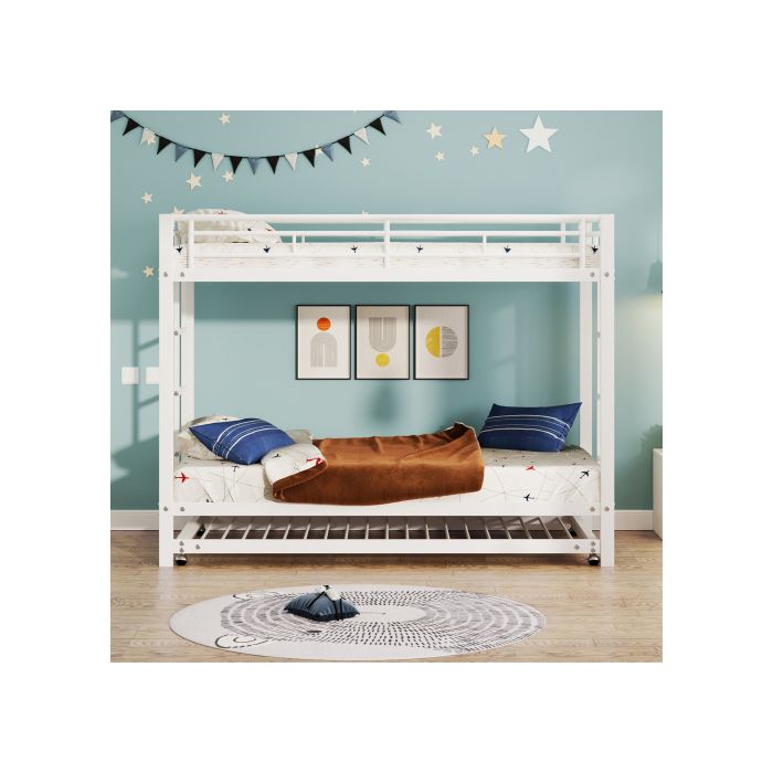 Lit superposé 90*200 cm, barrières hautes, certifié EN747, construction robuste, couleur blanche