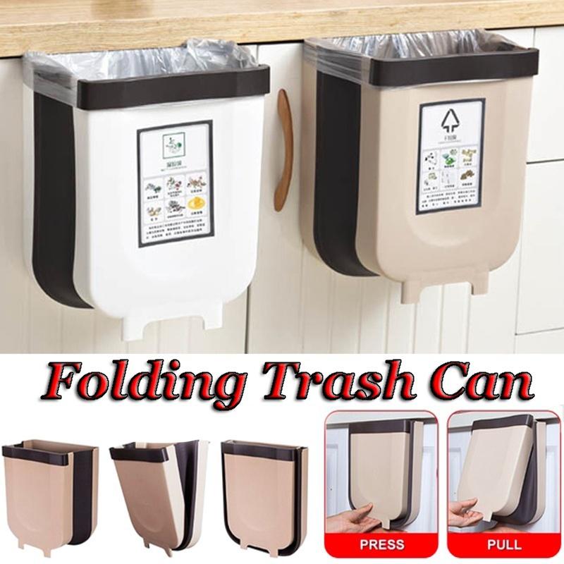 Folding Trash Can Kitchen Cabinet Door Hanging Waste Bin Wall Mounted Trashcan Space Saving Garbage Box for Bathroom Toilet Waste Storage(Size S/L)