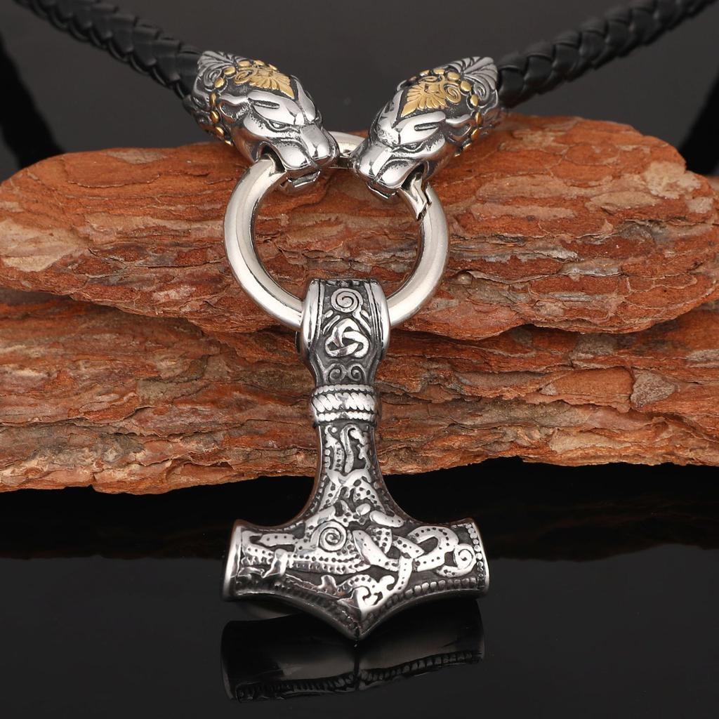 Men 'S Jewelry Room Gold Stainless Steel Leopard Head Viking Thor 'S Hammer Pendant Necklace