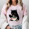 Noodle Cat Женские футболки Смешные Ramen Черная футболка с кошкой Женская одежда Обычные топы с коротким рукавом Женская мода Футболки с мультяшной графикой Женские