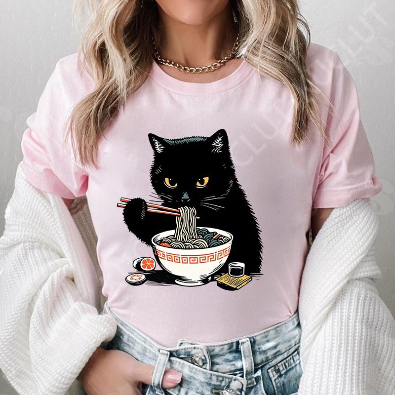 Noodle Cat Женские футболки Смешные Ramen Черная футболка с кошкой Женская одежда Обычные топы с коротким рукавом Женская мода Футболки с мультяшной графикой Женские