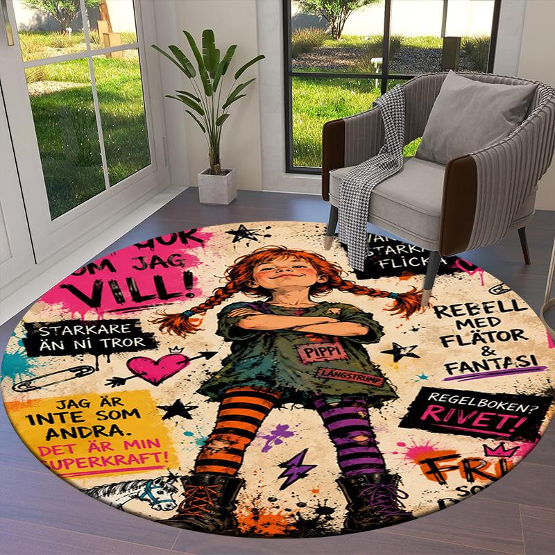 Pippi Longstocking Round Area Rug,Carpet Rug for Living Room Bedroom Sofa Playroom Decor,Non-slip Floor Mat