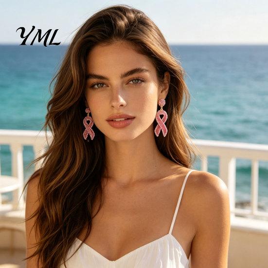 Breast Cancer Awareness Jewelry 1 Pair Earrings for Women, Glitter Rhinestone Casual Party Dangle Accessories Ribbon Drop Earrings, Gift Comfortable