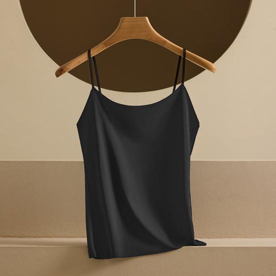 Women's Faux Silk Camisole Top Ice Silk Satin Tank Top Spaghetti Strap Sleeveless Cami Top Crew Neck Silky Summer Basic Blouse