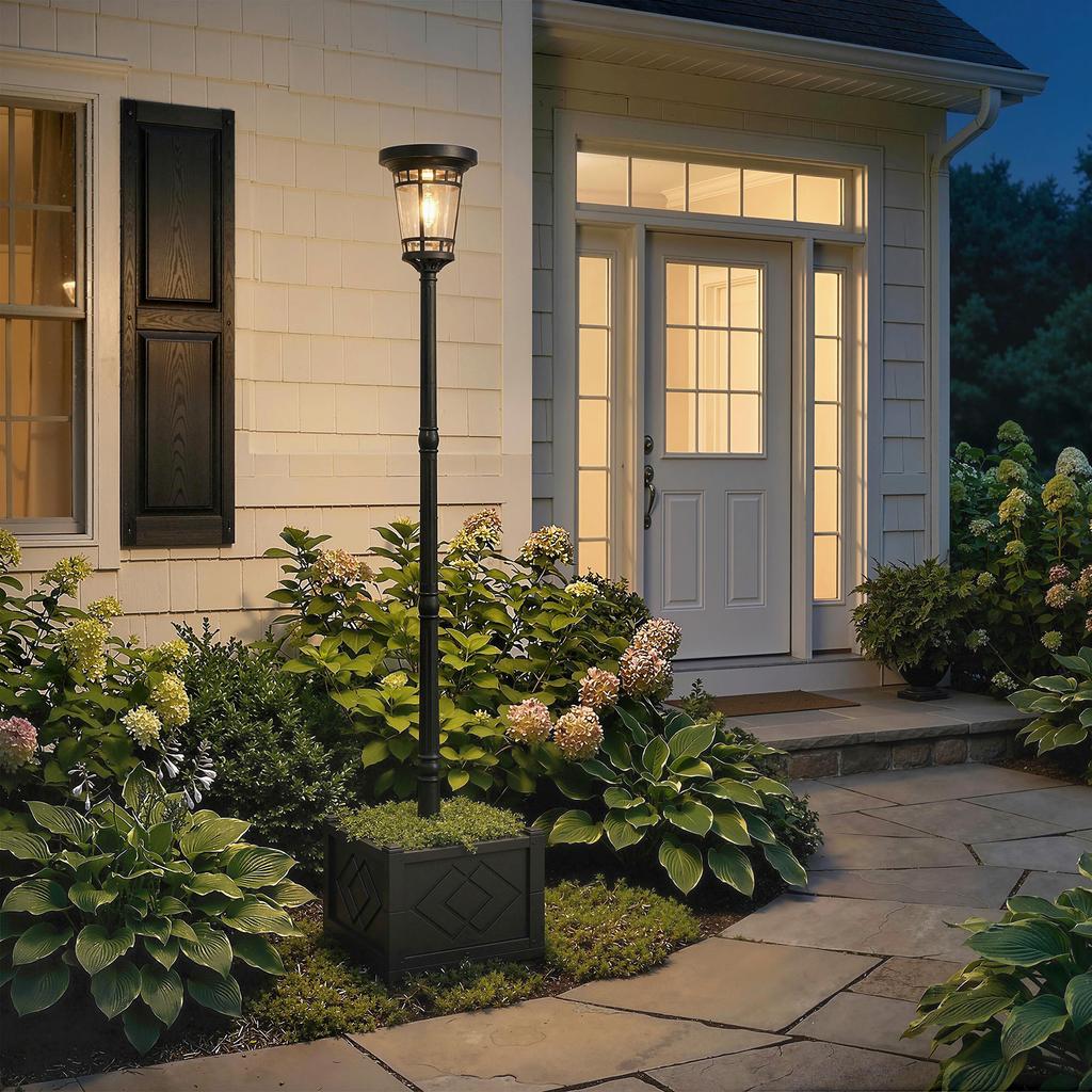 Solar Lantern Floor Lamp With Flower Pot 195cm Outdoor Garden Lantern With 2 Brightness Levels Light Control Switch IP44