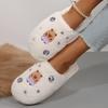 Fashion Cute Cartoon Pattern Plush Slippers Women Winter Warm Indoor Furry House Slippers Woman Rhinestone Decor Soft Cozy Home Slides