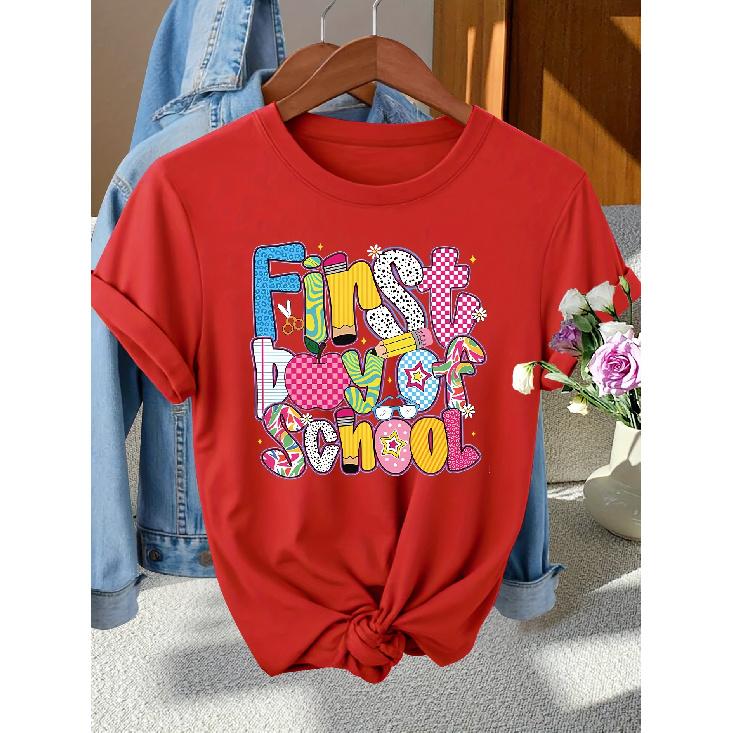 Back-to-School Season Fashionable and elegant with a variety of colors First Day of School Patterned Print Round Neck Short Sleeve T Women's