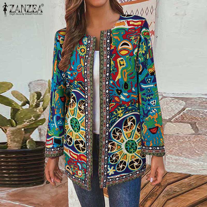 ZANZEA Этнический принт Повседневный длинный рукав Женский кардиган Тонкий Верхняя одежда