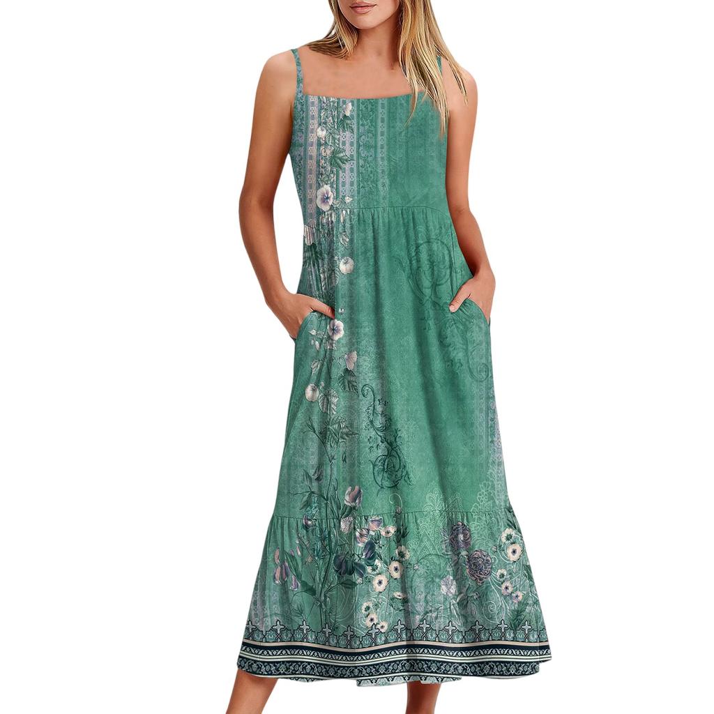 Женское длинное пляжное повседневное элегантное платье макси на тонких бретельках с цветочным принтом, струящееся платье в стиле бохо