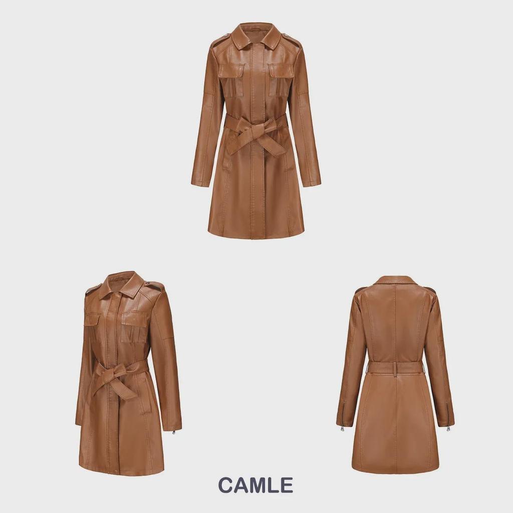 Женская кожаная куртка средней длины с поясом — стильная британская ветровка на весну/осень