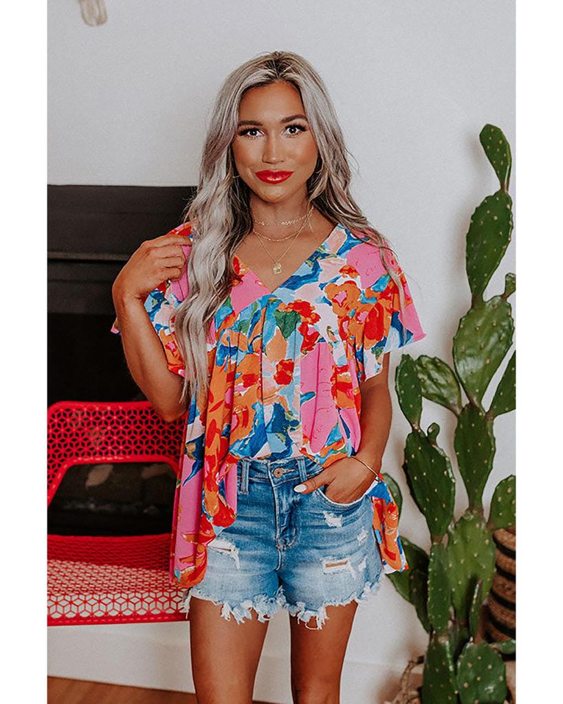 Azura Exchange Блузка с V-образным вырезом и рукавами-крылышками с абстрактным принтом